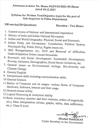 Jammu and Kashmir Sub-Inspector Syllabus for Written Test