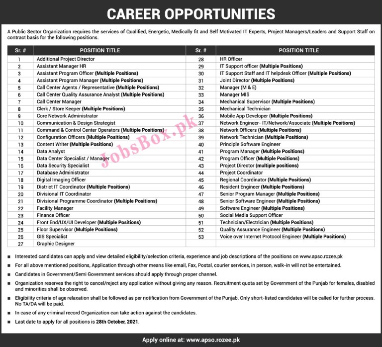 www.apso.rozee.pk - PITB Punjab Information Technology Board Jobs 2021 in Pakistan