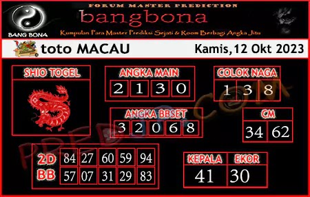 Prediksi Bangbona Toto Macau Kamis 12 Oktober 2023