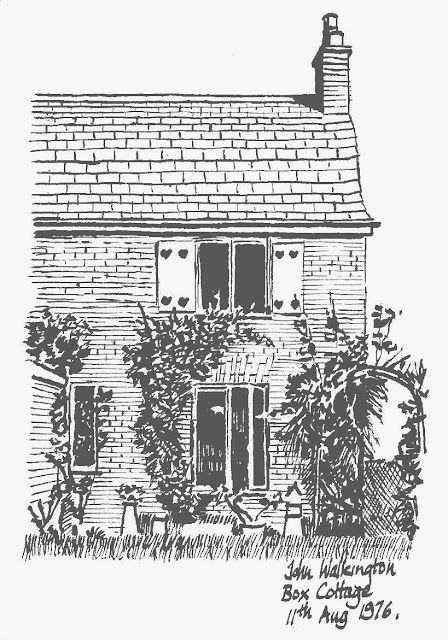 Pen and ink drawing of a brick house with a Cotswold stone roof, "Box Cottage, Charlton Kings," by William Walkington in 1976.