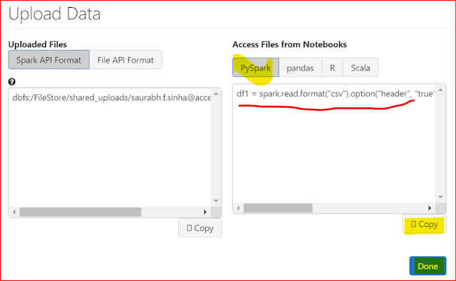 In the Access files from notebooks pane, select the sample PySpark code and copy it to the clipboard.