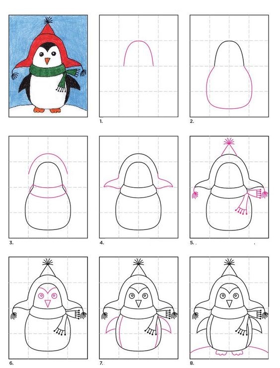 Hướng dẫn vẽ tranh con chim cánh cụt dễ thương đội mũ và quàng khăn theo từng bước