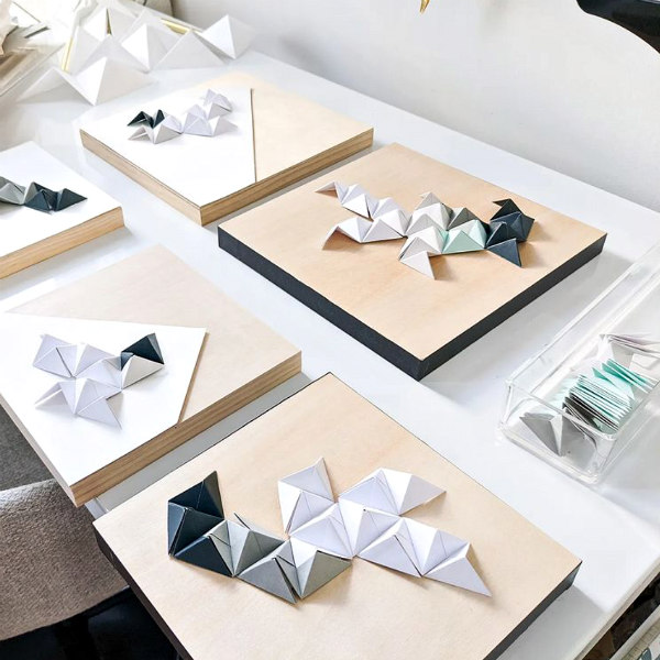 unframed selection of 3D origami wall art in neutral tones