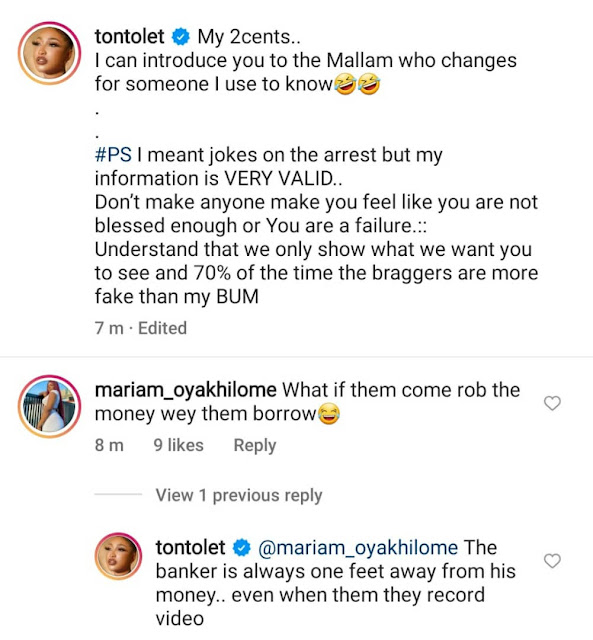 People rent money from Mallams just to show off on IG - Tonto Dikeh tells her followers not to allow posts on IG tension them