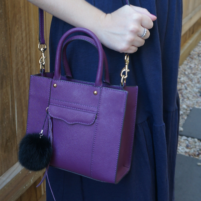 navy dress with Rebecca Minkoff mini MAB tote in plum faux fur pom pom charm | awayfromtheblue