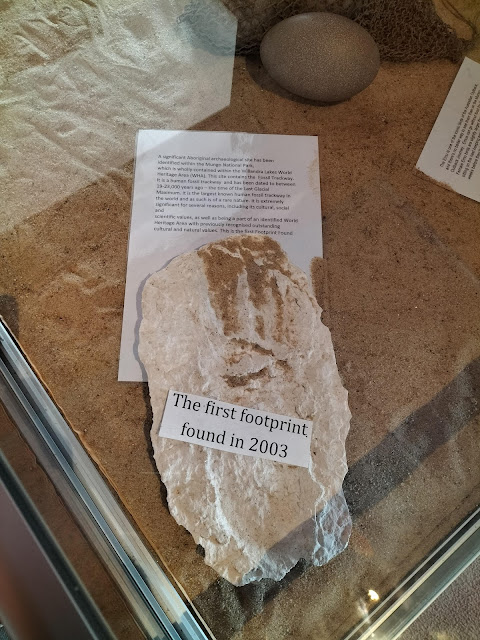 Cast of first ancient footprint in Mungo Visitor Centre museum that was found in Lake Mungo in 2003