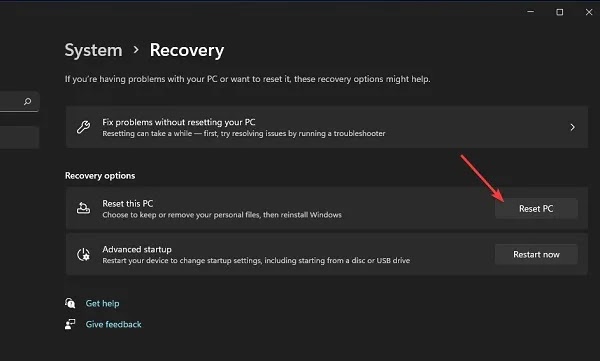 إصلاح سجل Windows 11 مع إعادة ضبط النظام