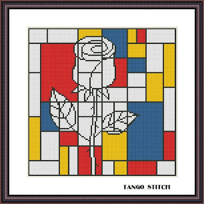 Mondrian rose abstract cross stitch embroidery pattern