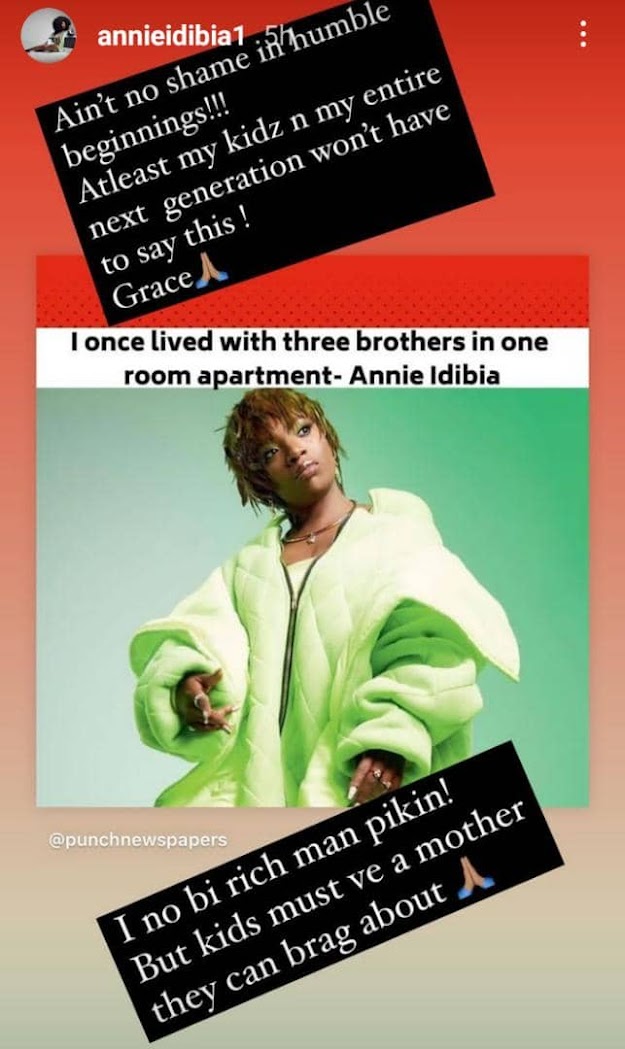 I no be rich man pikin but my kids must have a mother they can brag about- Annie Idibia says as she narrates about her childhood life