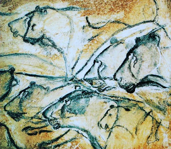 Leones rupestres pintados en la cueva de Chauvet, Francia.