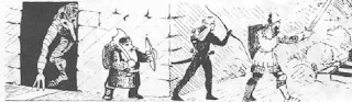 Part of an image from the 1979 Advanced Dungeons & Dragons Dungeon Master's Guide. Three Player Characters are rounding a corner in a dungeon. The lead PC has a glowing sword, the elf has a bow and the trailing dwarf has an axe over his shoulder and a shield raised. Unbeknownst to them, a troll is coming out of a passage opening behind them!