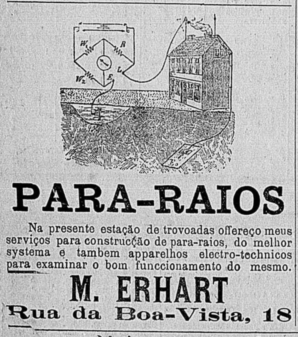 Anúncio antigo promovia a linha de Para Raios da M. Erhart em 1899