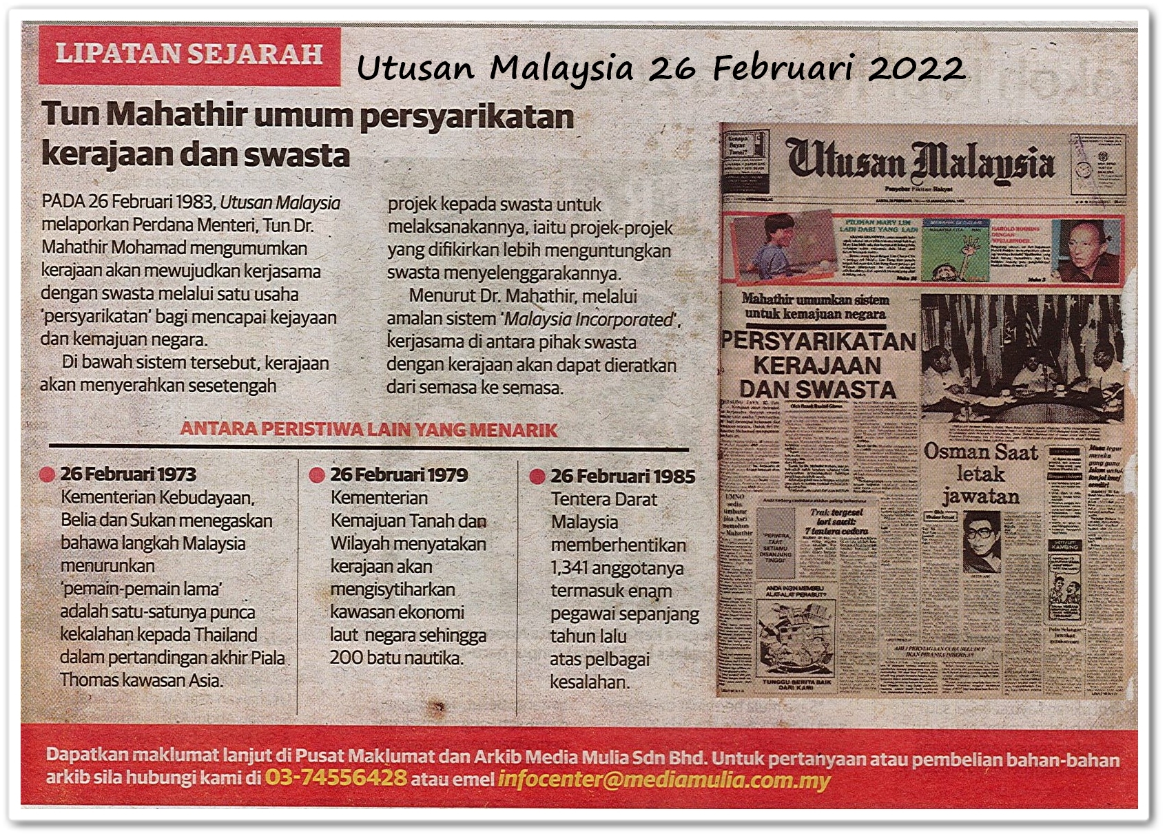 Lipatan sejarah 26 Februari - Keratan akhbar Utusan Malaysia 26 Februari 2022