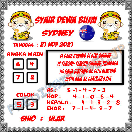 Syair Dewa Bumi Sydney Minggu 21 November 2021