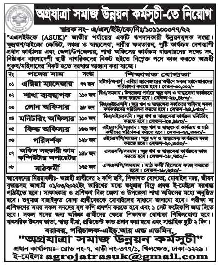 অগ্রযাত্রা সমাজ উন্নয়ন কর্মসূচি তে নিয়োগ বিজ্ঞপ্তি ২০২২ |Agrojatra suk Job Circular 2022