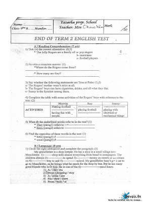 تحميل فرض تأليفي 2 أنقليزية مع الاصلاح سنة تاسعة أساسي pdf Anglais  , امتحان أنقليزية سنة 9 مع الإصلاح موقع مسار التميز 9ème,mid-term test english