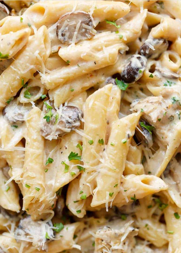 Quick and easy cook one-pot creamy mushroom chicken pasta meal