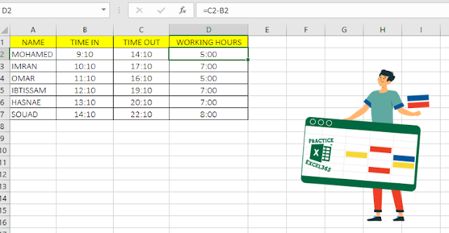 حساب ساعات العمل في برنامج مايكروسوفت Excel