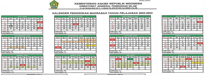 Kalender Pendidikan Madrasah Tahun Pelajaran 2022/2023, Kalender Pendidikan Madrasah, Kalender Pendidikan