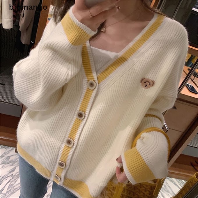 [ bigmango.vn ] Bmvn Women Temperament V Neck Embroidery Long Sleeved Loose Sweater Knitted Cardigan Jelly