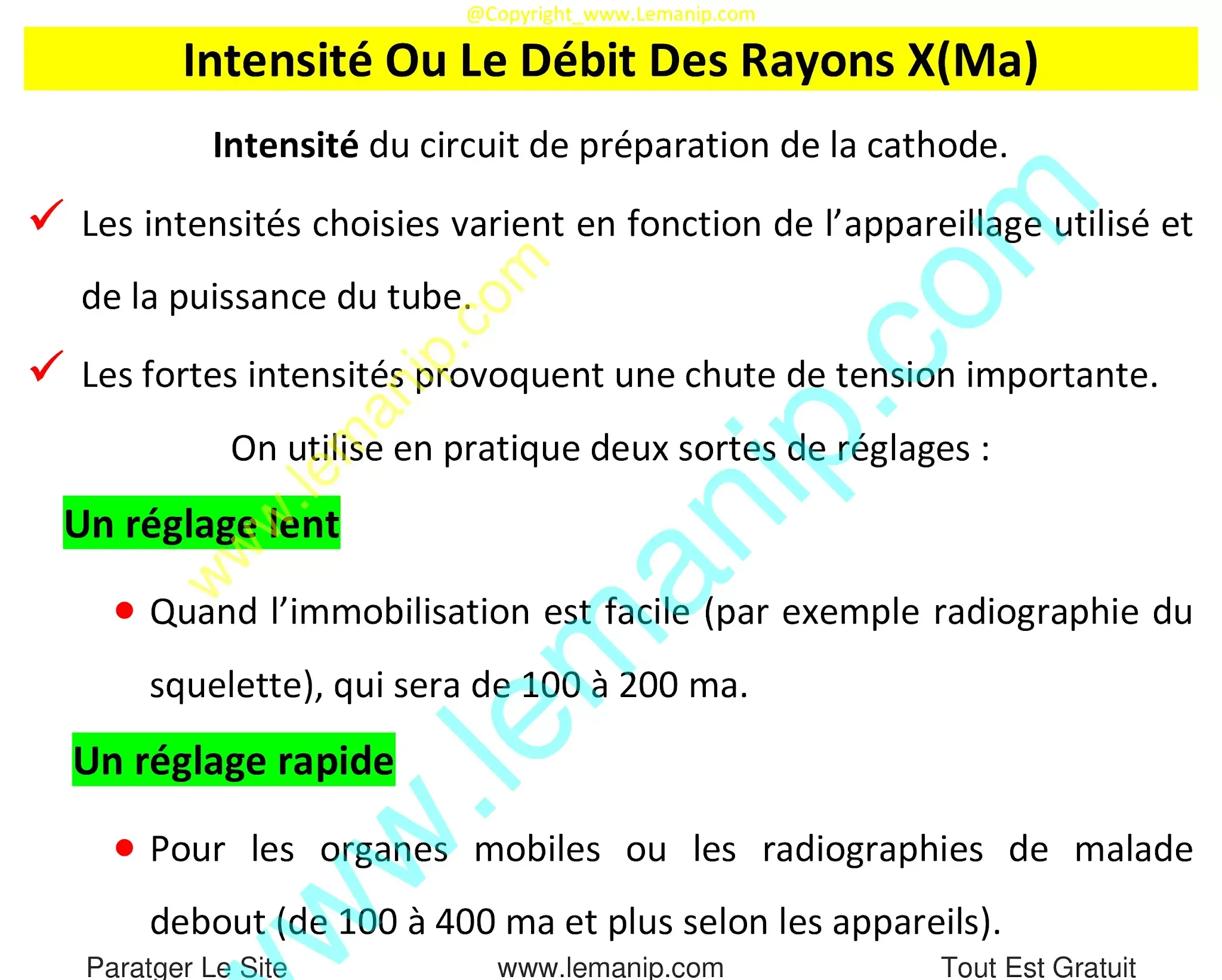 Intensité Ou Le Débit Des Rayons X (milliampères ma)