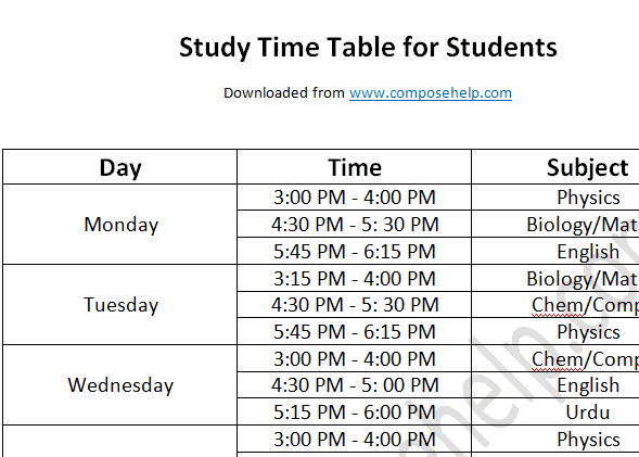 Study time table for fsc and matric students for self- study