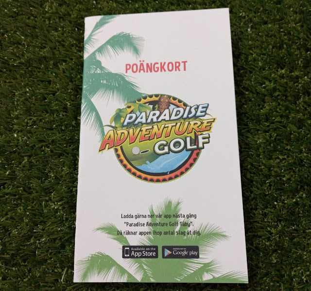 A scorecard from Paradise Adventure Golf at Täby Centrum in Sweden