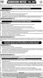 Applications are invited on prescribed admission form for BS Nursing (04 Years), Post RN BScN (02 Years)