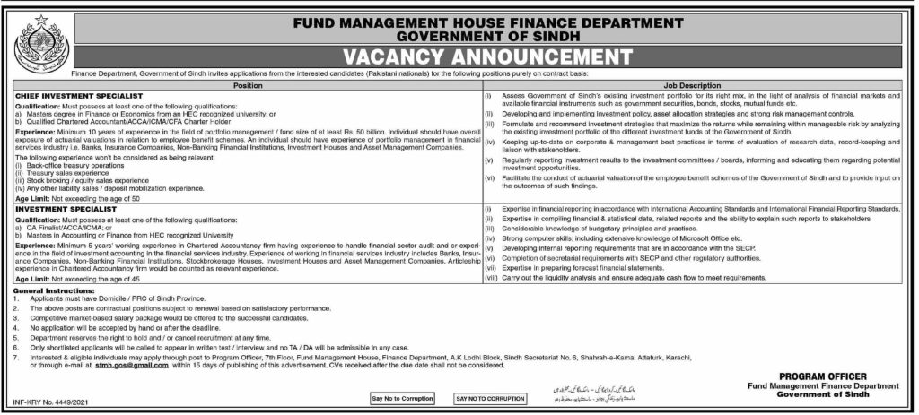 Fund Management House Finance Department Sindh Jobs 2021