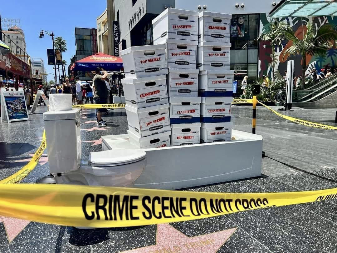 PHOTO Unknown person attacks Donald Trumps star on Hollywood Walk of Fame with classified documents and top secret boxes and crime scene ribbon