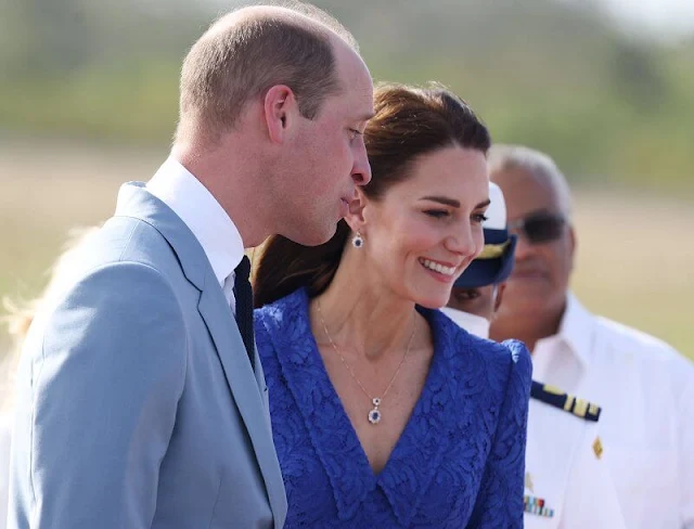 Kate Middleton wore a blue lace outfit, skirt and top by Jenny Packham in Belize City