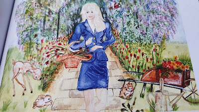 Lady Bluebell drawing - in very smart skirt suit and smiling in her garden