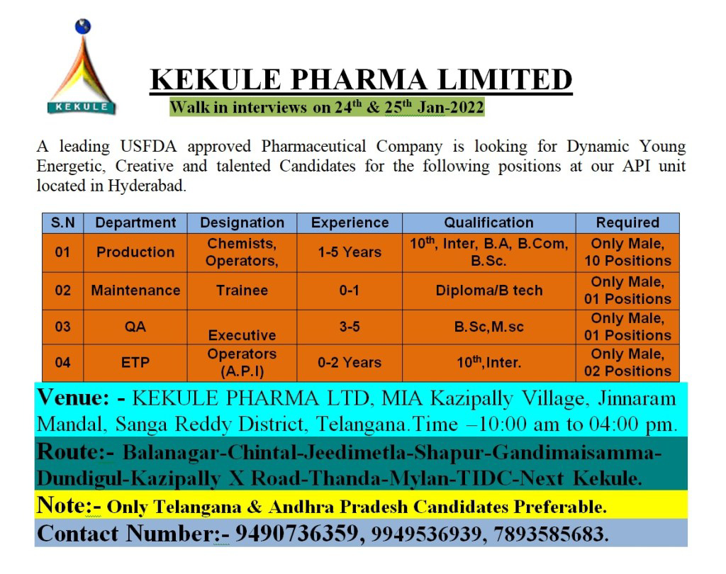 Job Availables,Kekule Pharma Limited Walk-In-Interview For BSc/ MSc/ Diploma/ B.Tech/ B.Com/ BA/ Inter