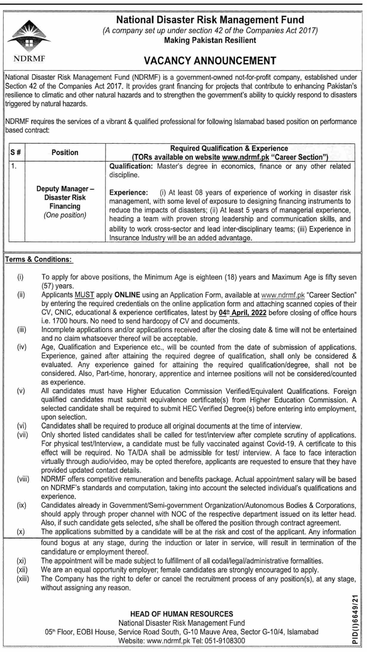 Latest National Disaster Risk Management Fund NDRMF Management Posts Islamabad 2022