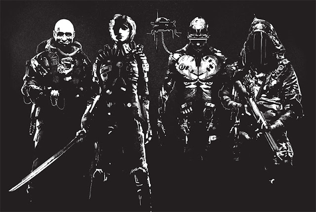 Four characters in black and white stand ready to fight. On the left, a friendly looking bald man in a heavy suit. Next to him, a woman with a glowing eye holding a sword. Beside her, someone jacked into a headset they're wearing, with a drone hovering next to them. Lastly, a figure in a futuristic suit that hides who they are, holding a powerful rifle.