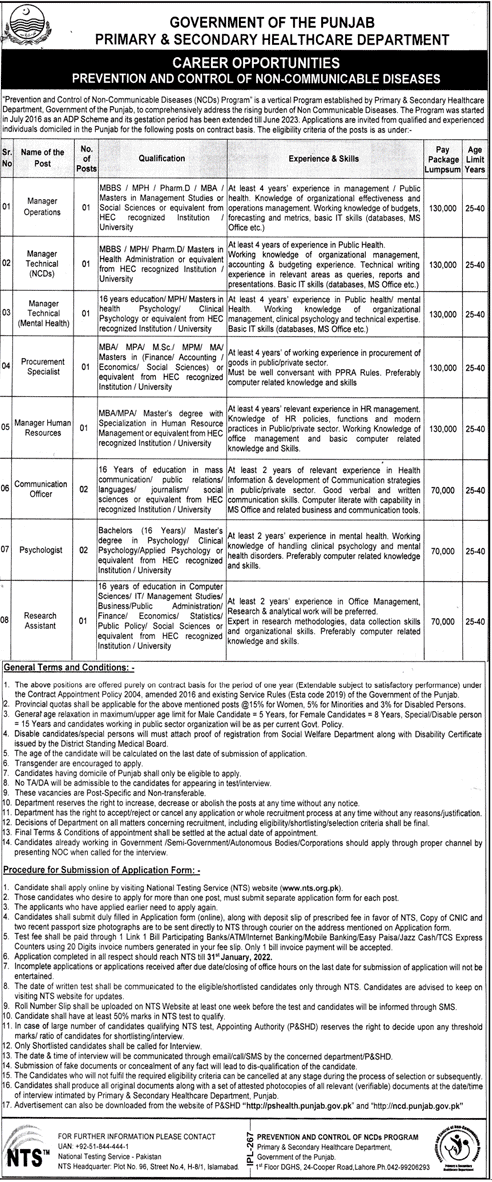 Government of the Punjab Primary & Secondary Healthcare Department (Career Opportunities at Prevention & Control of Non Communicable Diseases) 2022