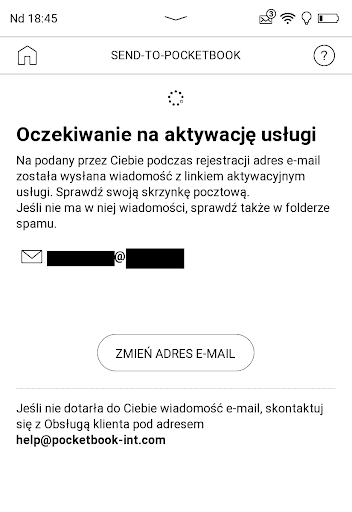 PocketBook InkPad Lite – oczekiwanie na aktywację usługi Send-to-PocketBook