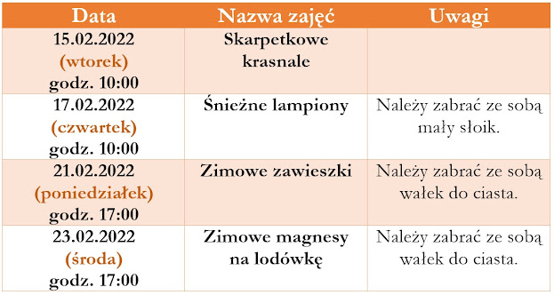 Tabelka z programem ferii zimowych.