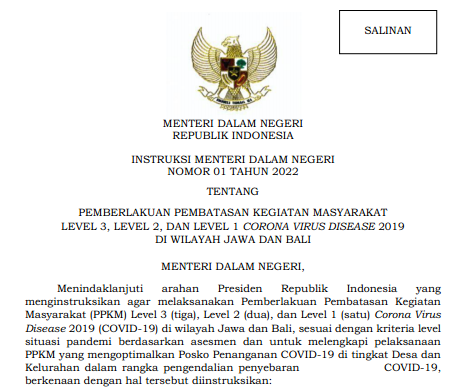 Instruksi Mendagri Nomor 1 Tahun 2022 Tentang PPKM  Level 3, Level 2, dan Level 1 Covid-19 Di Wilayah Jawa dan Bali,