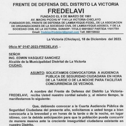 FRENTE DE DEFENSA DE LA VICTORIA "CUADRA" A ALCALDE POR INCREMENTO DE ACTIVIDADES DELICTIVAS EN EL DISTRITO