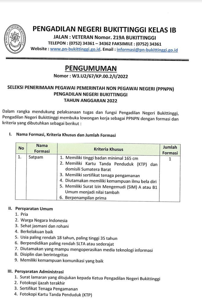 Lowongan Kerja Pengadilan Negeri Kelas 1B