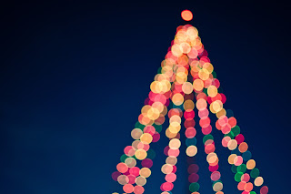 A blurry lit up christmas tree.