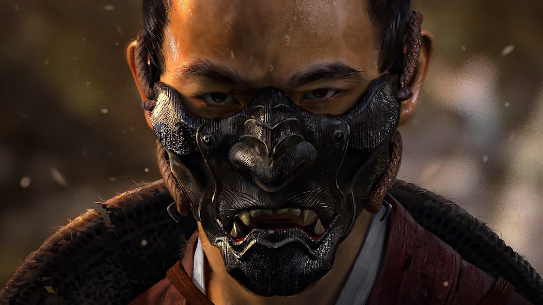 4K detailed image of a fierce warrior in traditional armor and mask with an intense gaze, suggesting an ancient Japanese samurai.