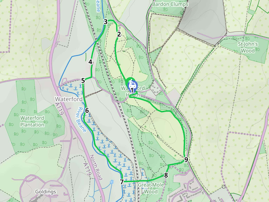 Map for Walk 84: Waterford Heath Loop Created on Map Hub by Hertfordshire Walker Elements © Thunderforest © OpenStreetMap contributors There is an interactive map below the directions