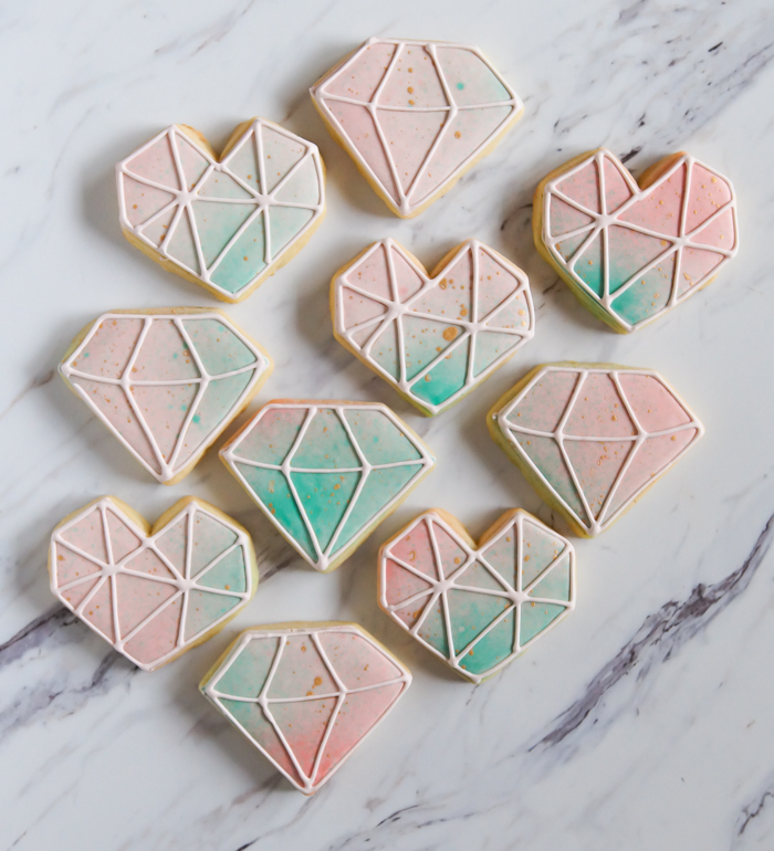 watercolor royal icing gem-shaped cookies