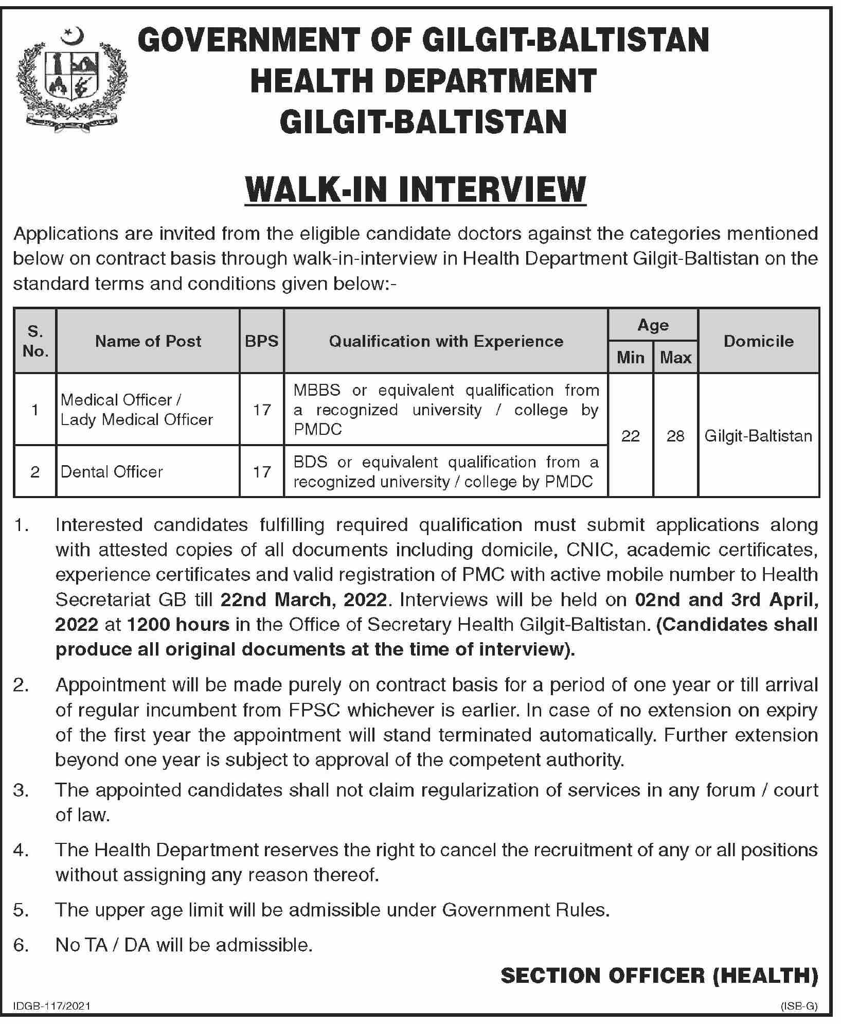 Latest Health Department Medical Posts Gilgit 2022