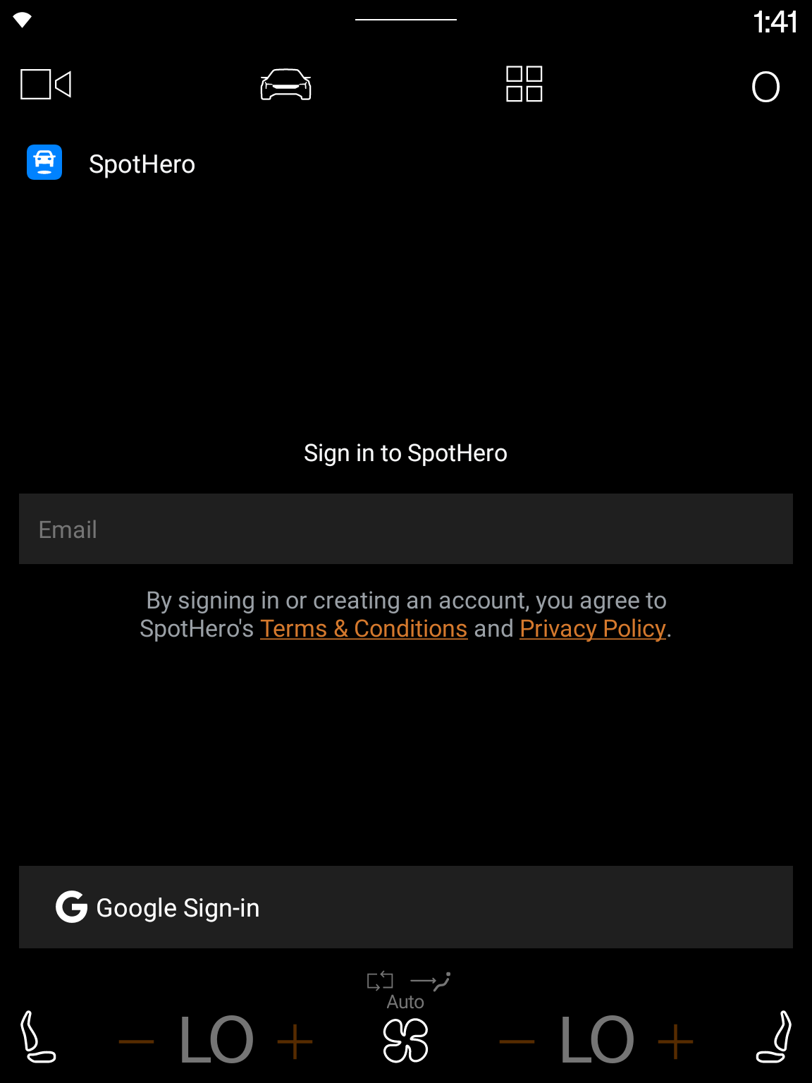 Polestar 2 sign-in screen for SpotHero