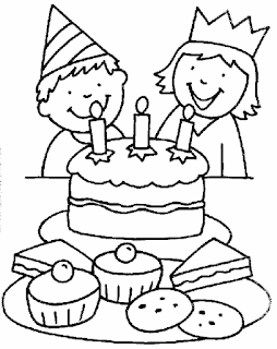 a boy and a girl with birthday cake coloring page