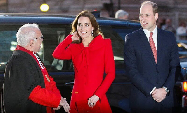 Kate Middleton in red Catherine Walker coat, Princess Beatrice in Fold wool coat, Princess Eugenie in Chloe green cape. Zara Tindall