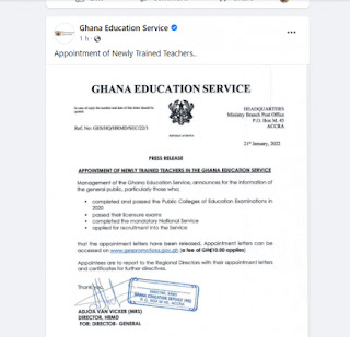 Good News: GES Releases Appointment Letters Of Newly Trained Teachers